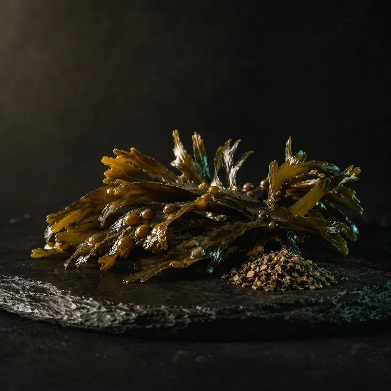 Macro of glistening dark kelp fronds on honed black stone, mint rim light
