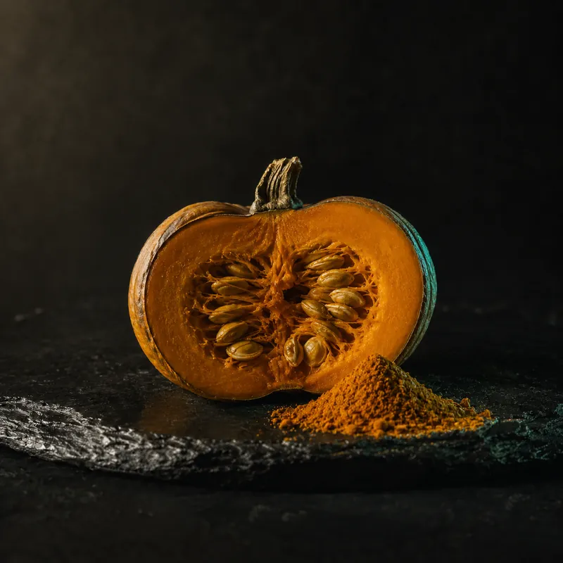 Halved sugar pumpkin with a pile of warm orange powder, dark backdrop